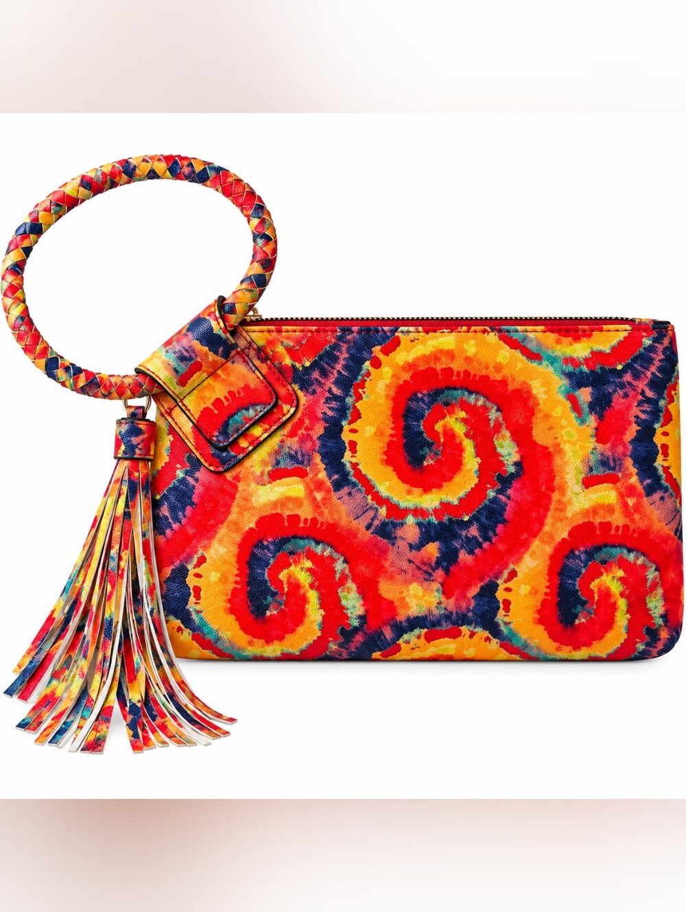 Colorful Tie Dye Swirl Wristlet Clutch Purse Braided Handle Tassel